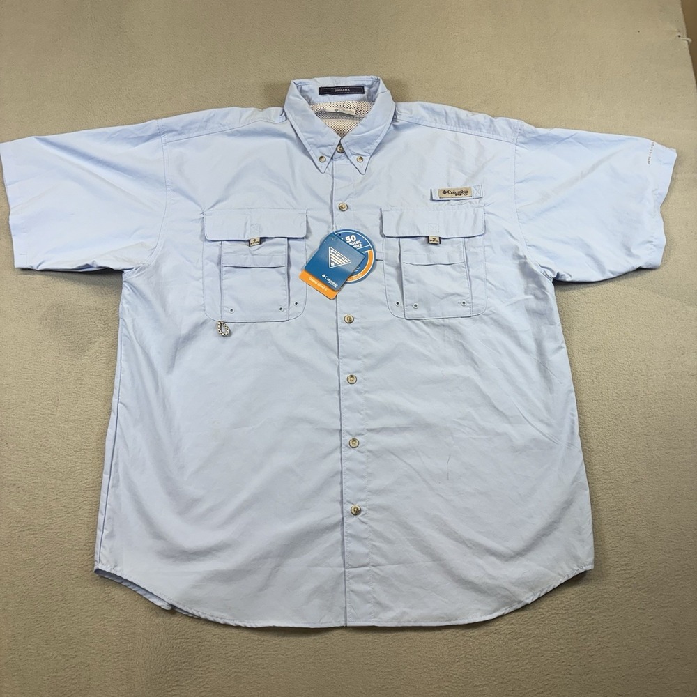 Columbia PFG Bahama II Shirt Mens L Blue Omni Shade UPF 50 Fishing NWT Flaws